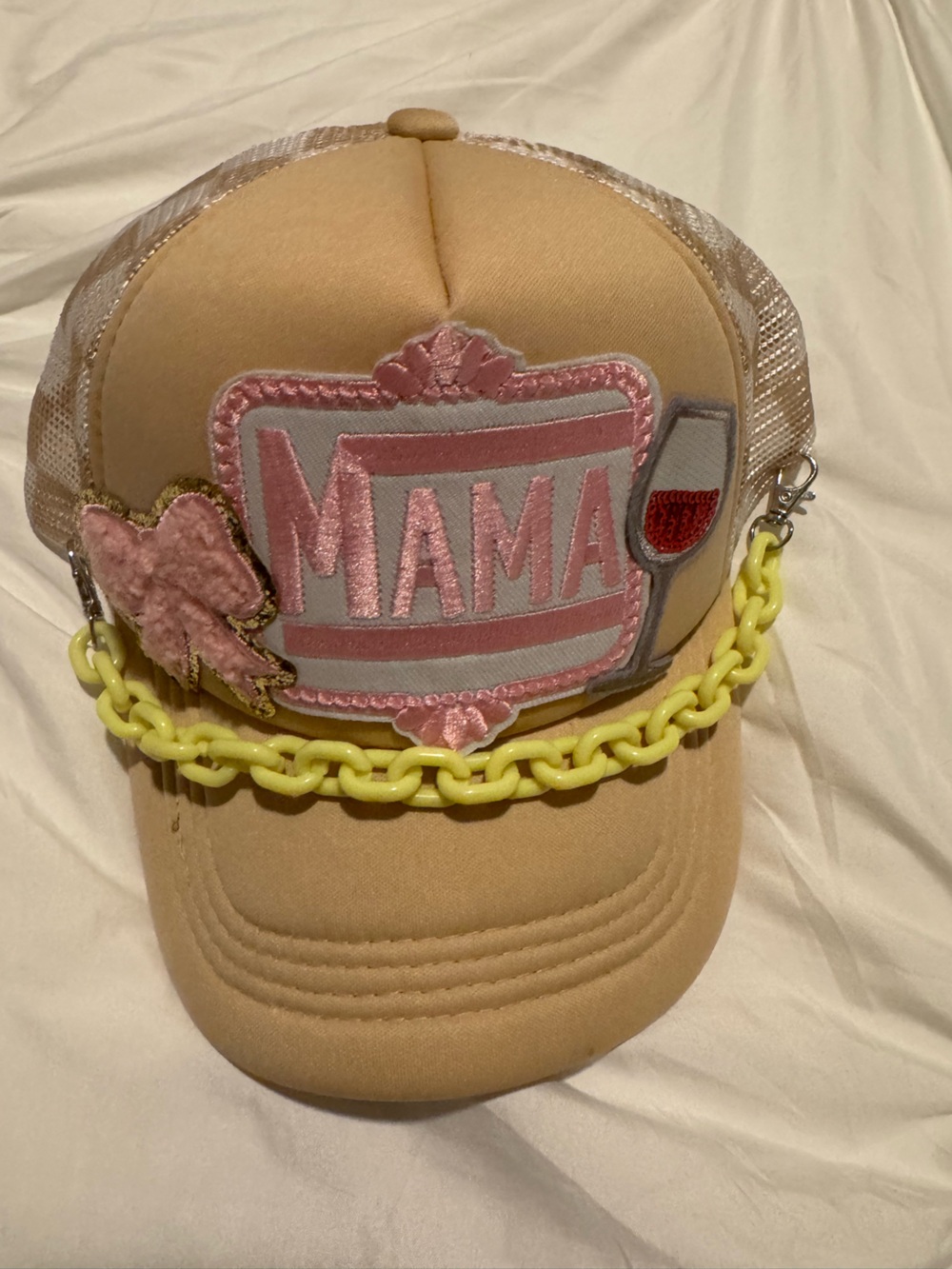 Beige Baseball Cap with Pink 'MAMA' Patch and Yellow Chain
